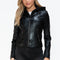 Snobbish Faux Leather Zip Up Drawstring Hooded Jacket