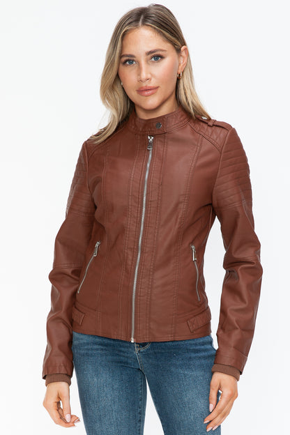 Snobbish PU Leather Biker Jacket with Side Zip Pockets