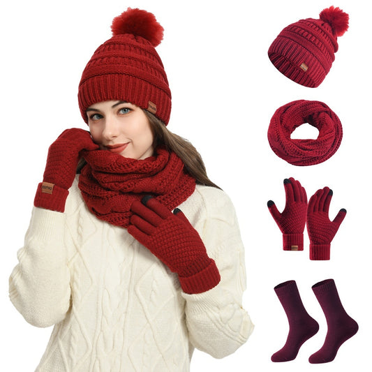 Winter Female Cap Scarf Gloves And Socks Four-piece Set