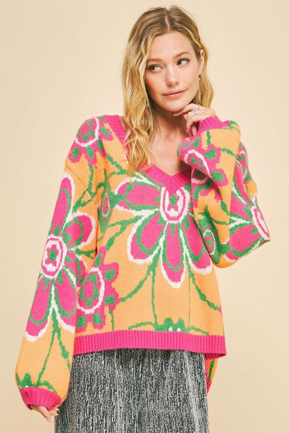 Davi & Dani Floral Contrast V-Neck Dropped Shoulder Sweater