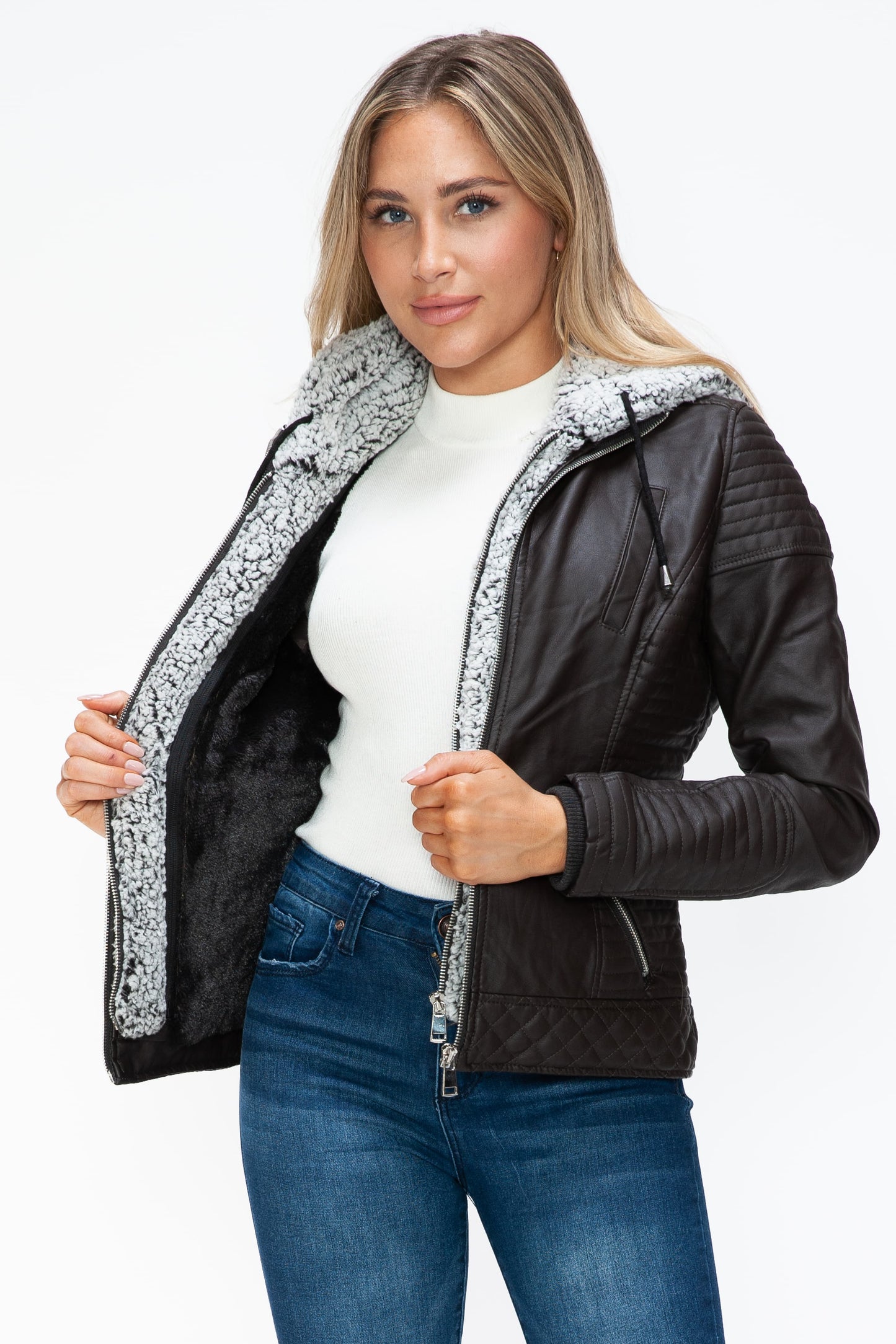 YMI Faux Layered Double-Zipper Jacket with Fuzzy Hood