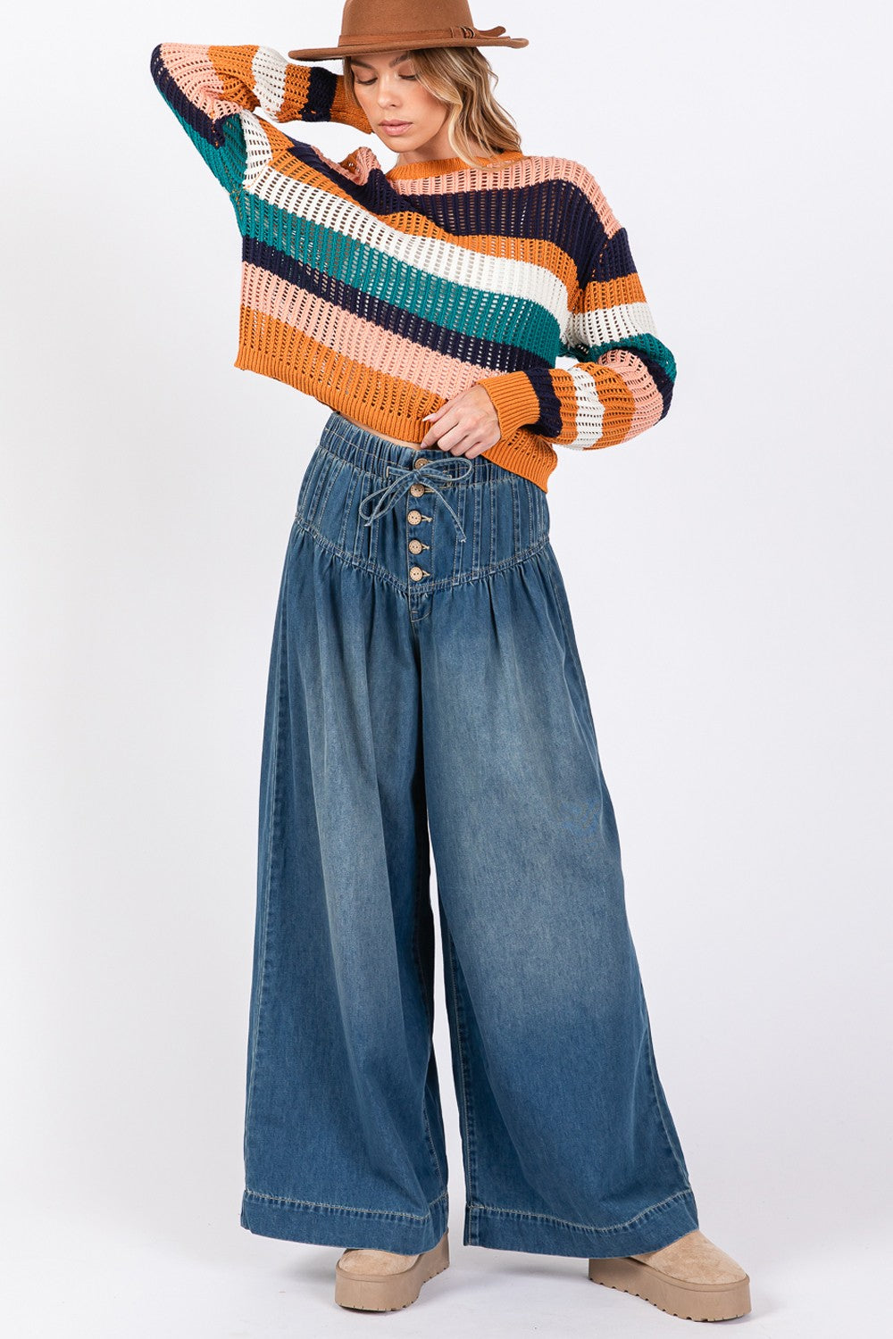 SAGE+FIG Smocked Waist Band Wide Leg Jeans